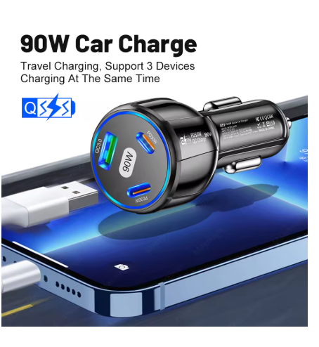 90W USB Car Charger 3 Port PD Type C Fast Charging Car Phone Adapter For iPhone 14 13 Xiaomi Samsung Quick Charge Charger In Car