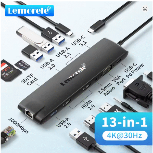 Lemorele 4K USB 13-in-1 USB-C Hub to Dual HDMI VGA Gigabit Docking Station USB 3.0 VGA Adapter SD Card Readers for Windows MacBook Air