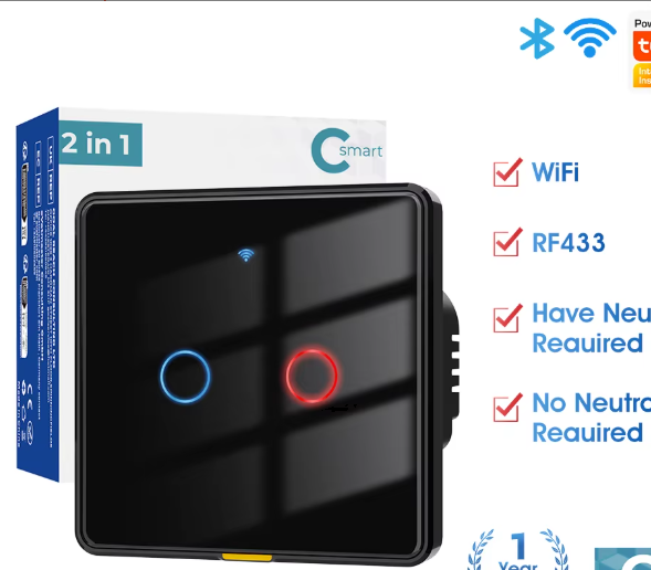 SMATRUL 2 gang Timing Voice App Alexa, Google Home Tuya Smart Home No Neutral Wire WiFi RF433 EU Wall Switch