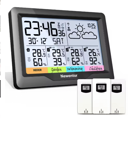 Newentor Digital Thermometer Hygrometer Wireless Outdoor Indoor Weather Station Table Alarm Clock 3 Sensor Temperature Humidity Meter