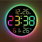 10-Inch Screen Large Digital Wall Clock with Timer Dimmer LED Display 8 Vibrant Colors Round Design Thermometer Alarm